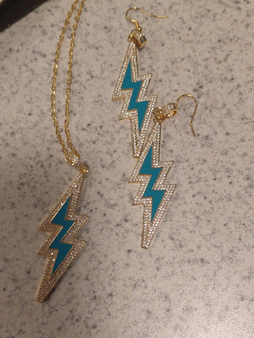 Gold Lightning Bolt Necklace and Earrings Set with Teal Inlay